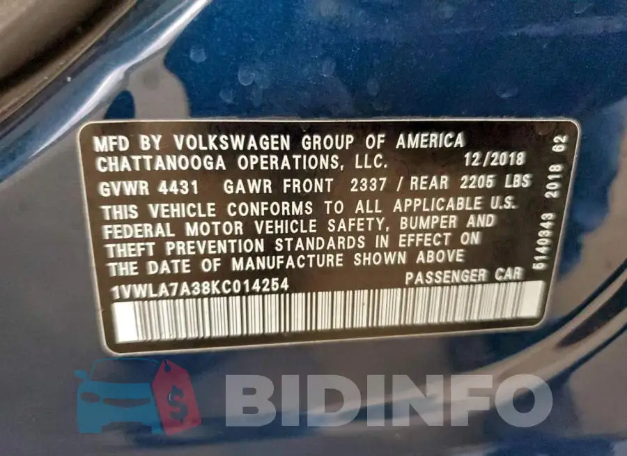 1VWLA7A38KC014254 Photo# 12