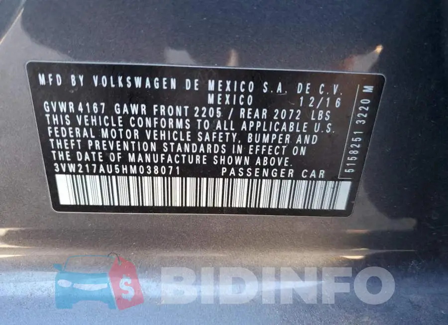 3VW217AU5HM038071 Photo# 12