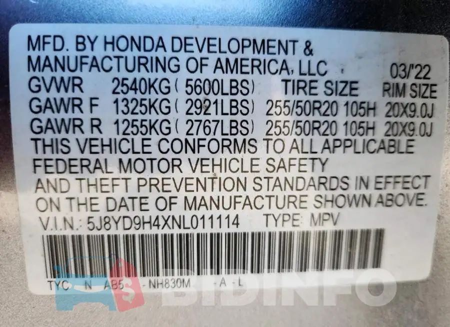 5J8YD9H4XNL011114 Photo# 12
