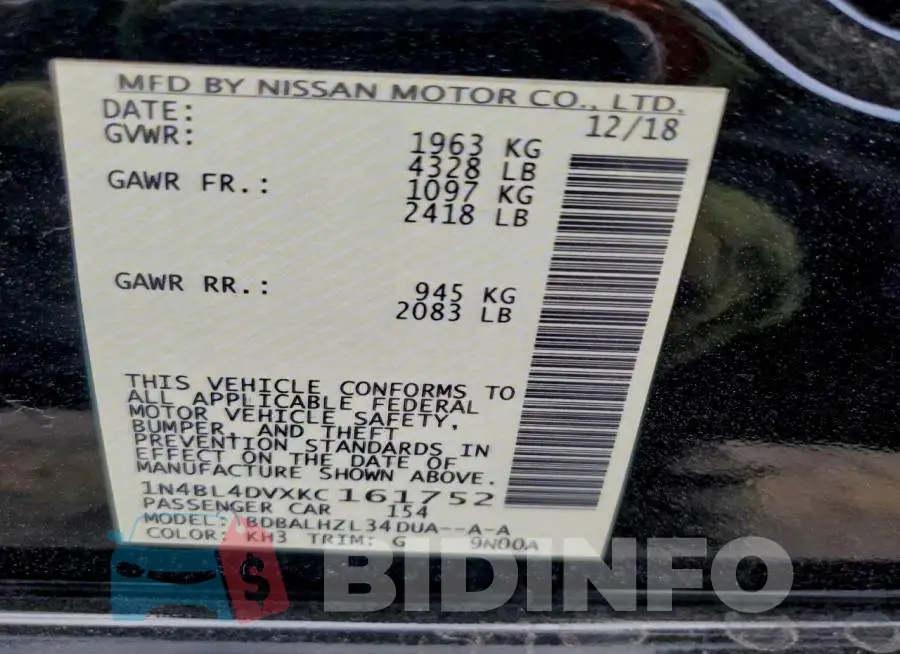 1N4BL4DVXKC161752 Photo# 12
