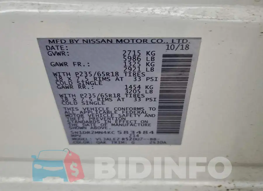 5N1DR2MN4KC583484 Photo# 13