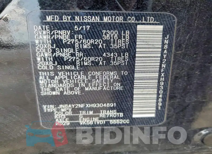 JN8AY2NFXH9304891 Photo# 14