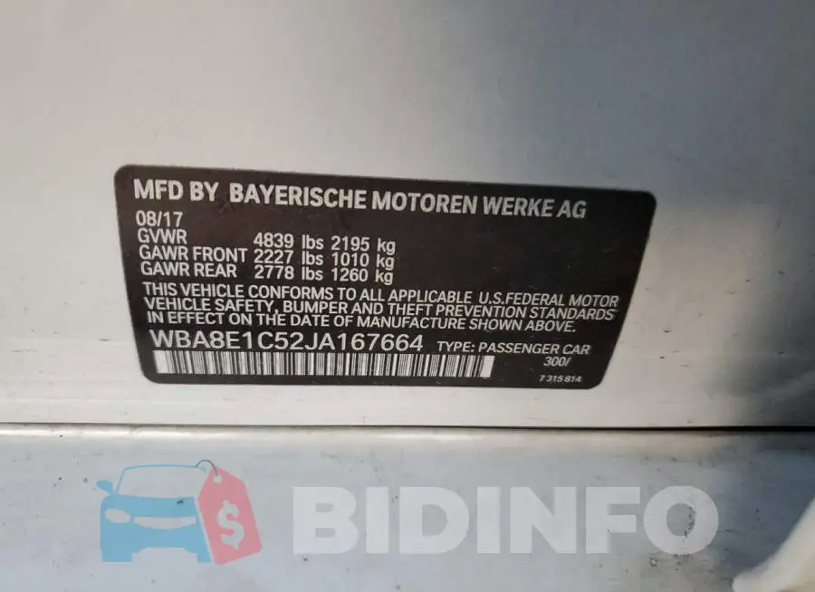WBA8E1C52JA167664 Photo# 12
