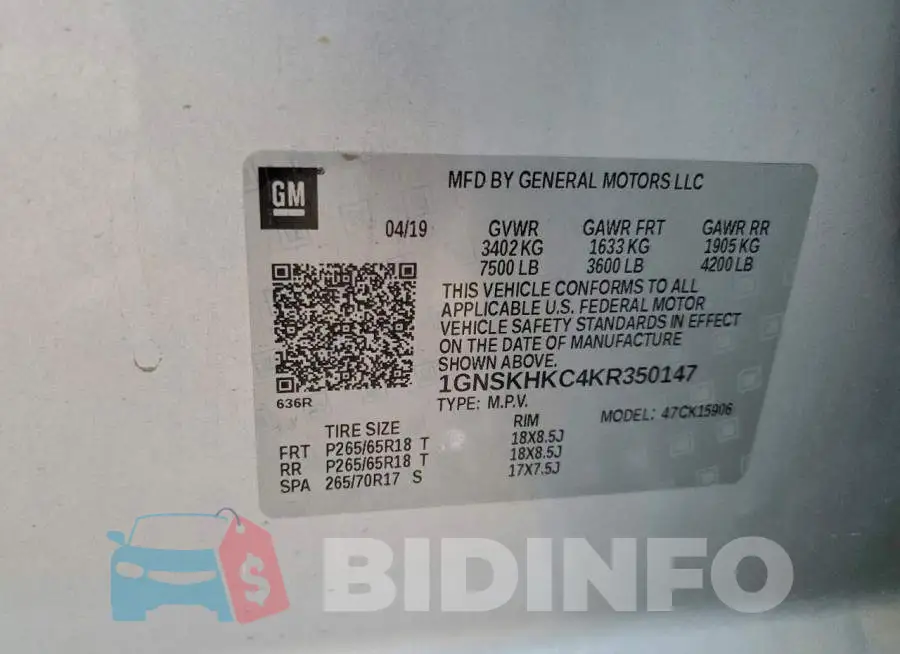 1GNSKHKC4KR350147 Photo# 12