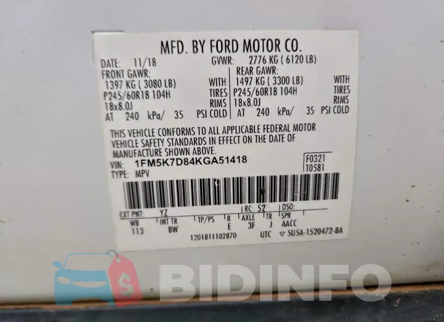1FM5K7D84KGA51418 Photo# 13
