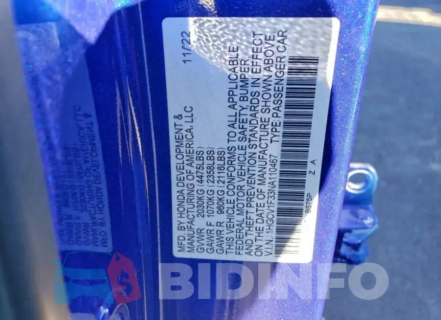 1HGCV1F33NA110467 Photo# 12