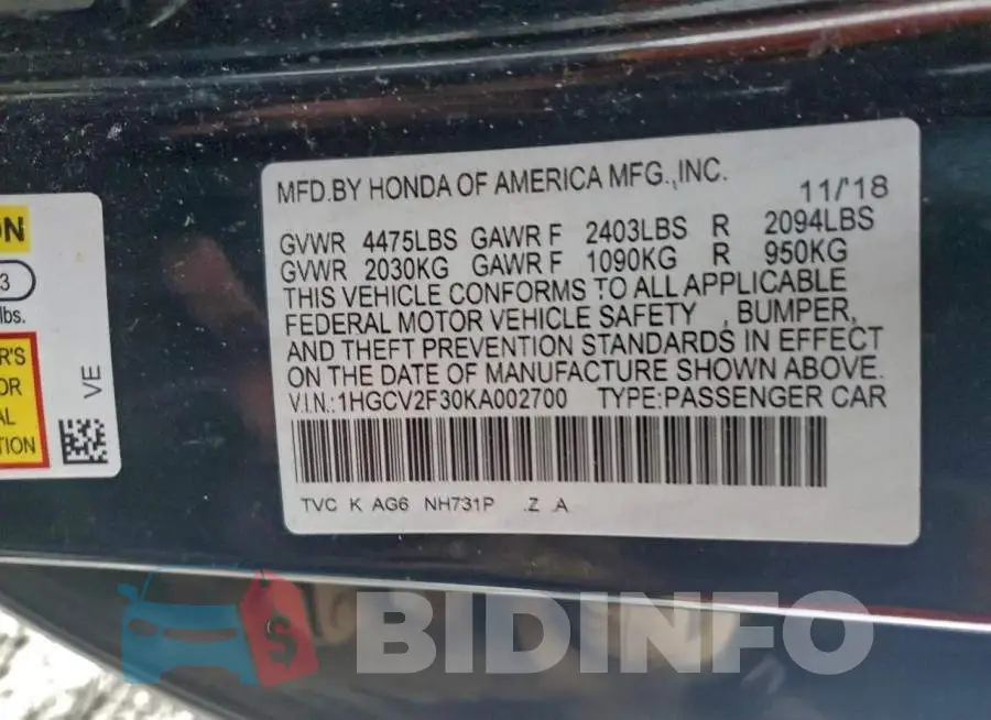 1HGCV2F30KA002700 Photo# 12