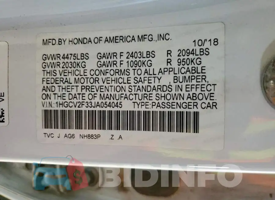 1HGCV2F33JA054045 Photo# 12