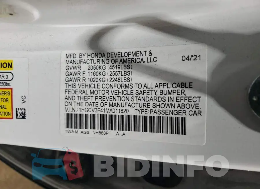 1HGCV3F41MA011620 Photo# 12