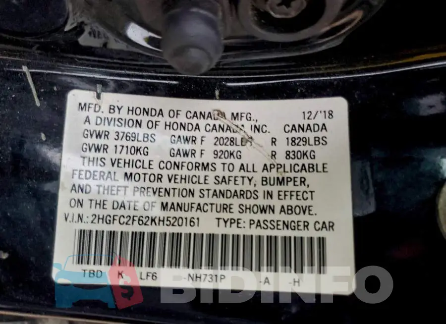 2HGFC2F62KH520161 Photo# 12