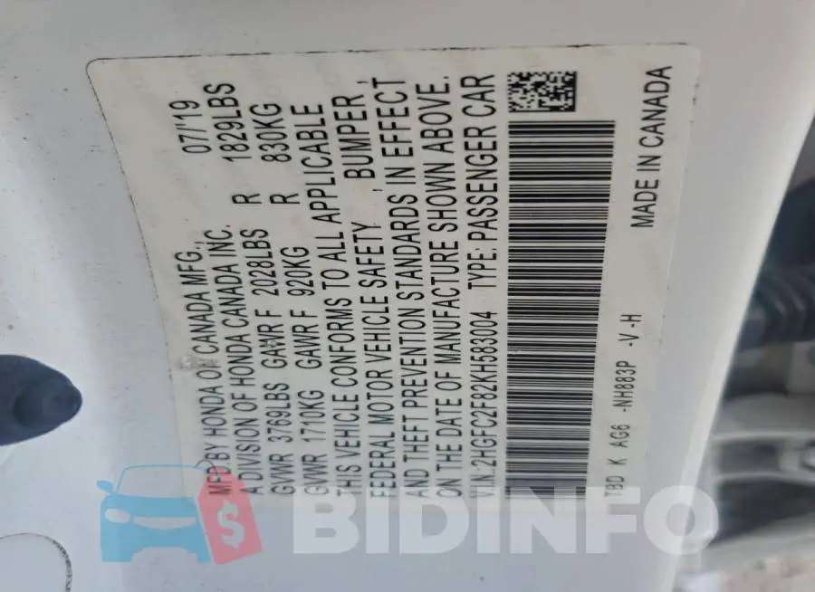 2HGFC2F82KH583004 Photo# 12