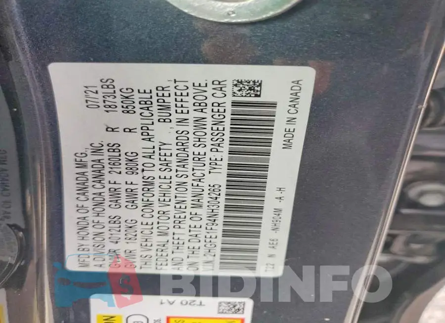 2HGFE1F94NH304265 Photo# 12
