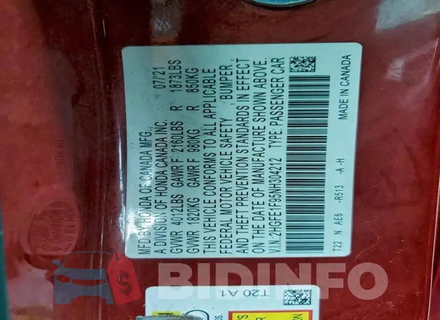 2HGFE1F95NH304212 Photo# 12