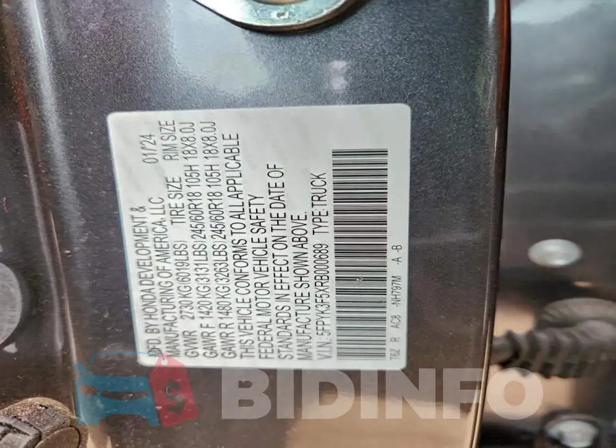5FPYK3F5XRB000689 Photo# 12