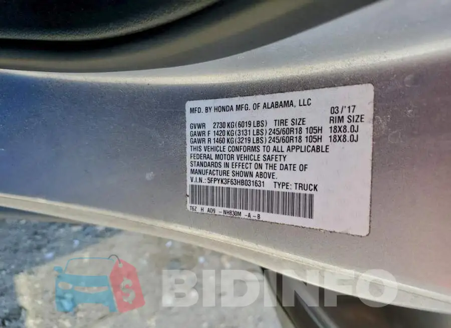 5FPYK3F63HB031631 Photo# 12