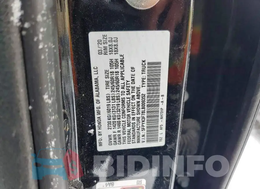 5FPYK3F78LB009352 Photo# 13