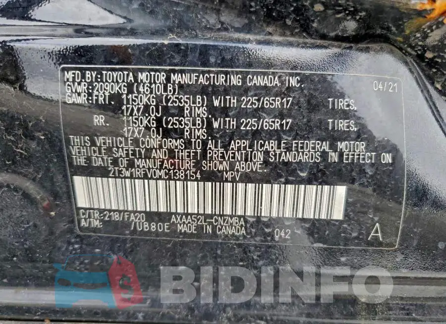 2T3W1RFV0MC138154 Photo# 12