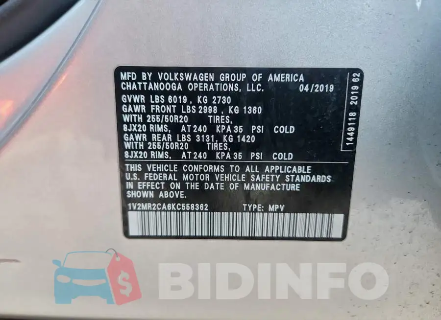 1V2MR2CA6KC558362 Photo# 14