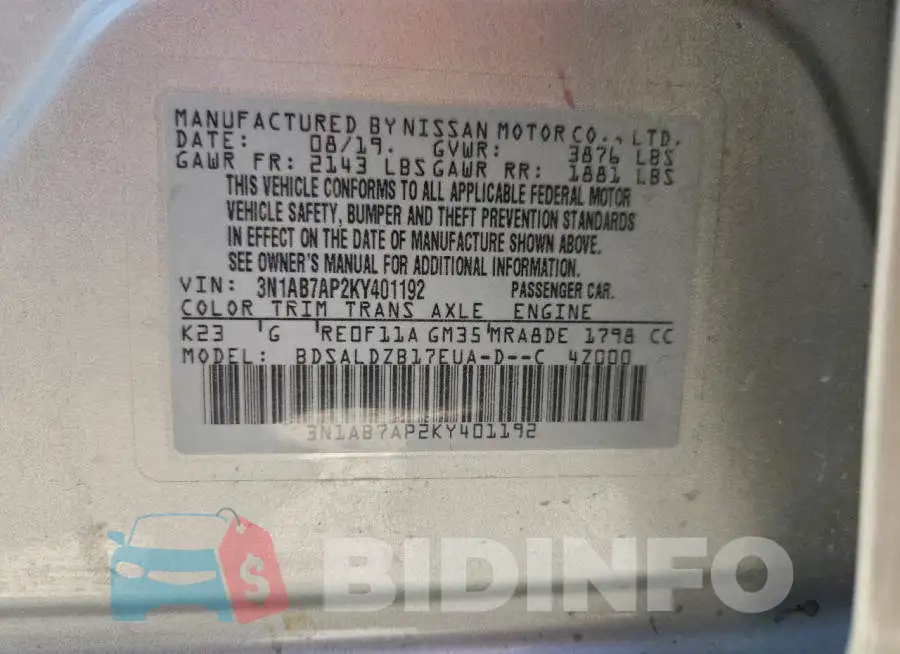 3N1AB7AP2KY401192 Photo# 12