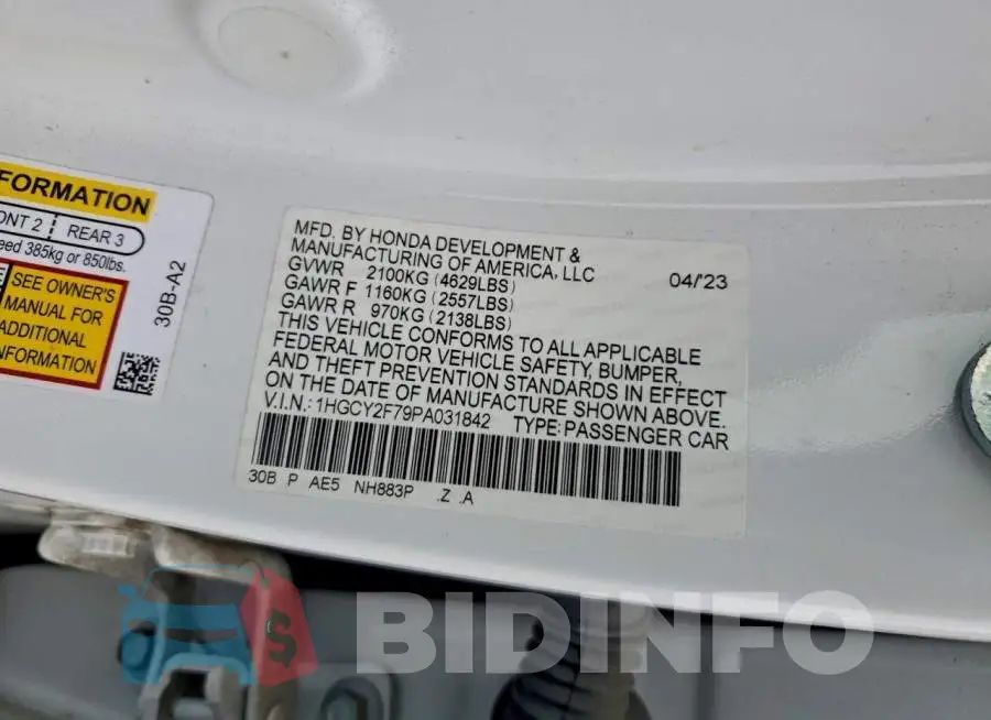 1HGCY2F79PA031842 Photo# 12