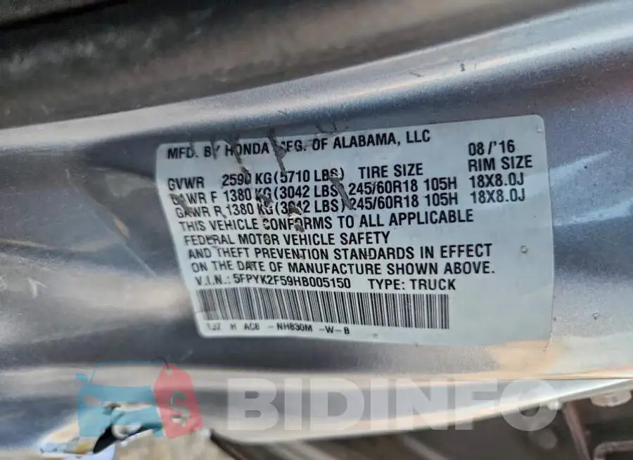 5FPYK2F59HB005150 Photo# 12