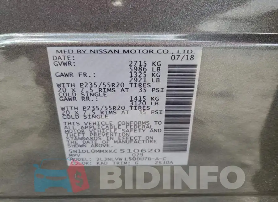 5N1DL0MMXKC510620 Photo# 14
