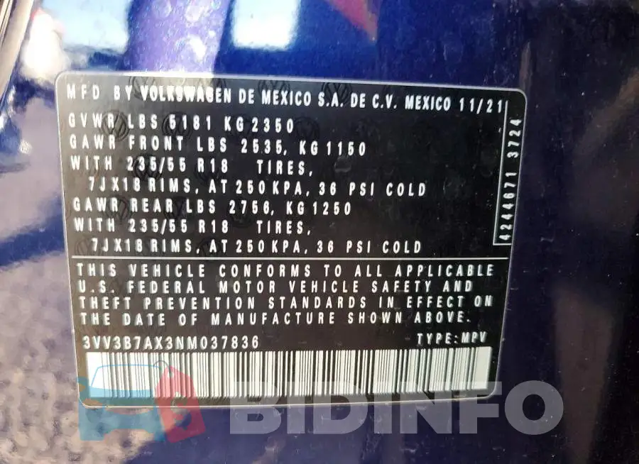 3VV3B7AX3NM037836 Photo# 12