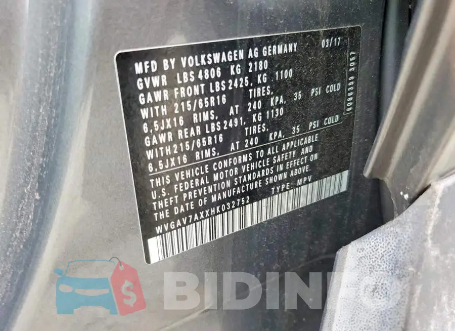 WVGAV7AXXHK032752 Photo# 13