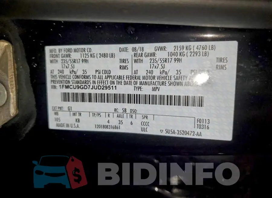 1FMCU9GD7JUD29511 Photo# 13