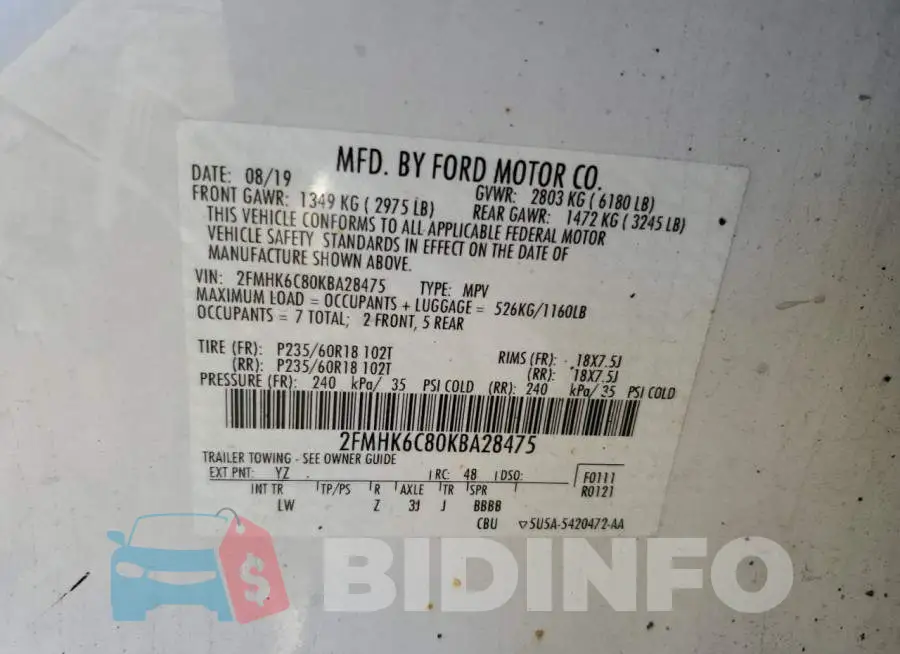 2FMHK6C80KBA28475 Photo# 13