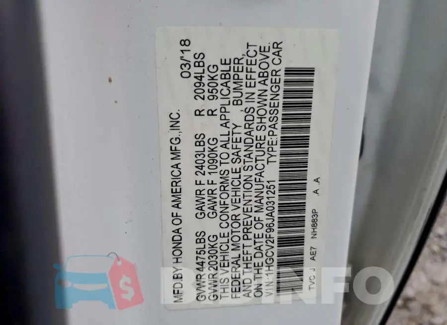 1HGCV2F96JA031251 Photo# 12