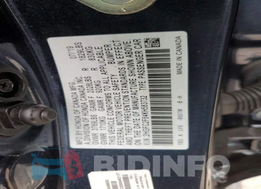 2HGFC2F64KH583732 Photo# 13
