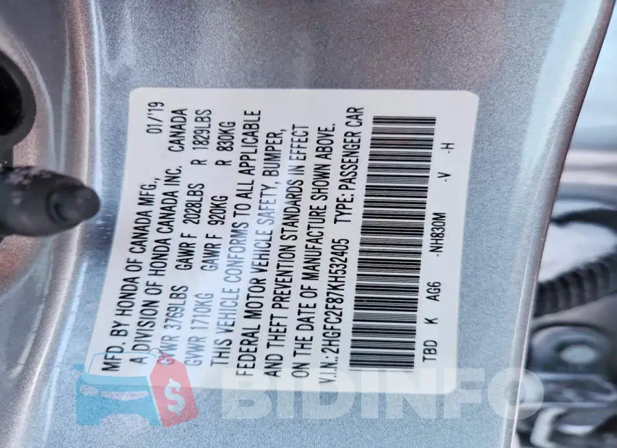 2HGFC2F87KH532405 Photo# 12