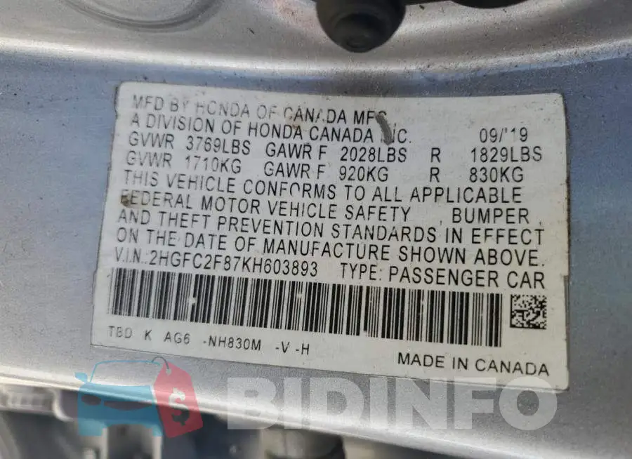 2HGFC2F87KH603893 Photo# 12