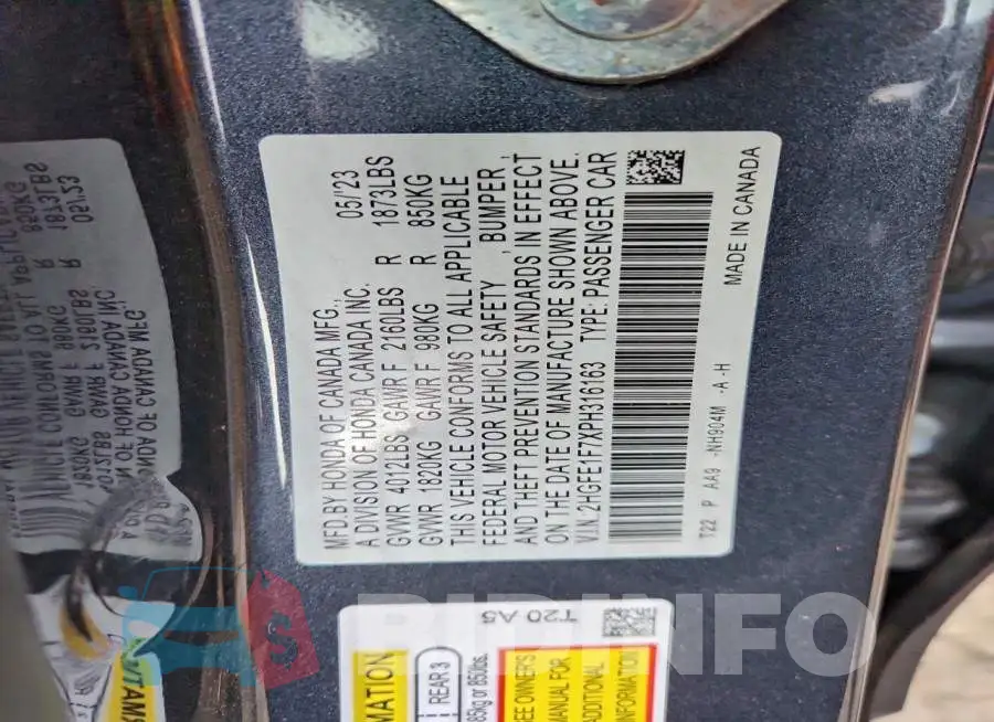 2HGFE1F7XPH316163 Photo# 12