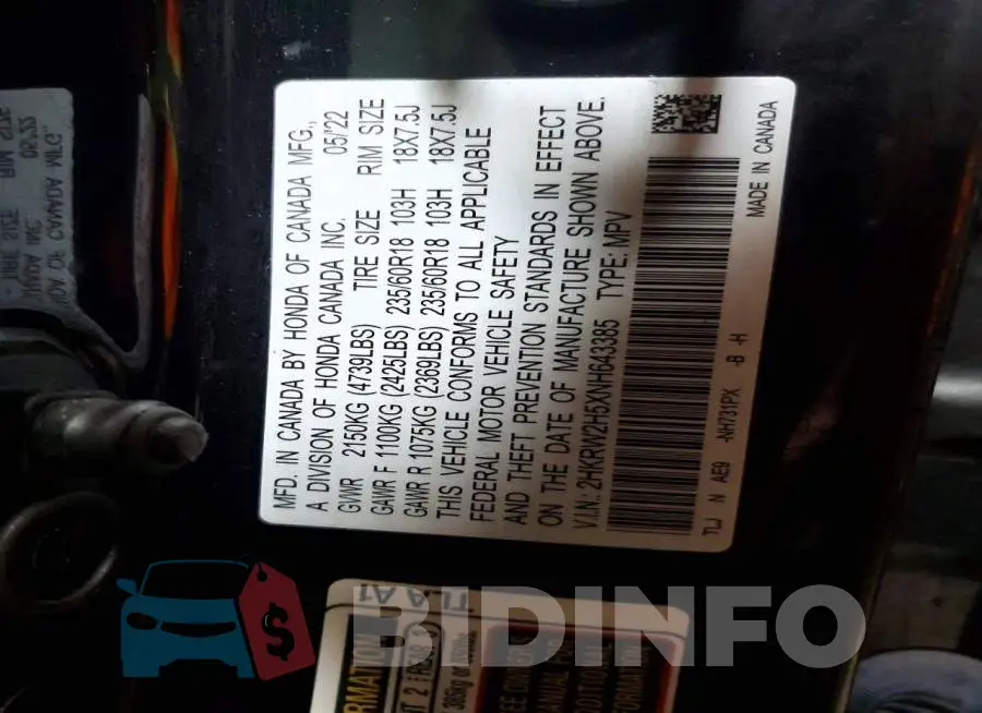2HKRW2H5XNH643385 Photo# 13