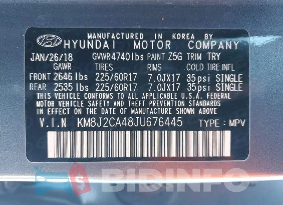 KM8J2CA48JU676445 Photo# 13