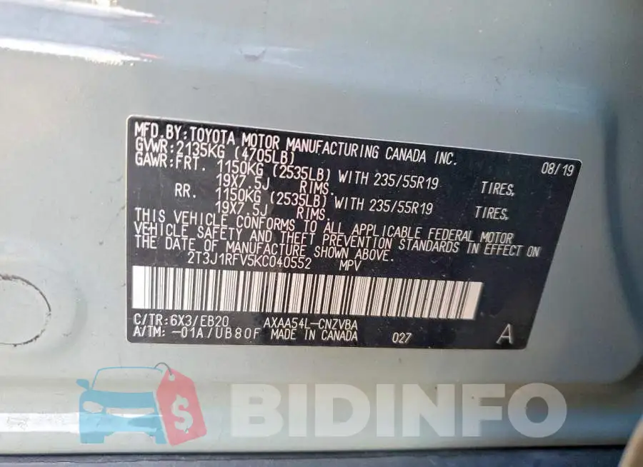 2T3J1RFV5KC040552 Photo# 12
