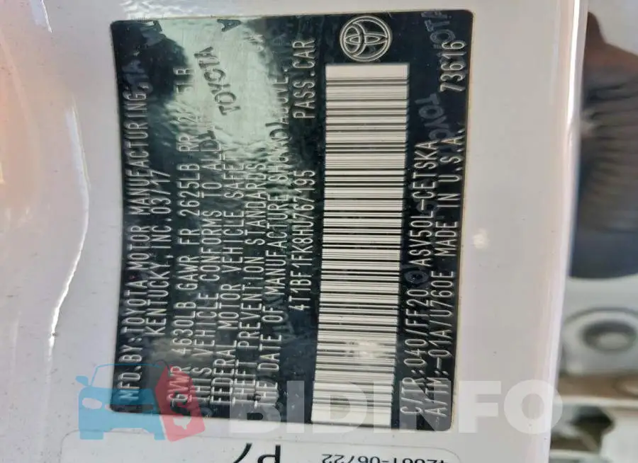 4T1BF1FK8HU767195 Photo# 13