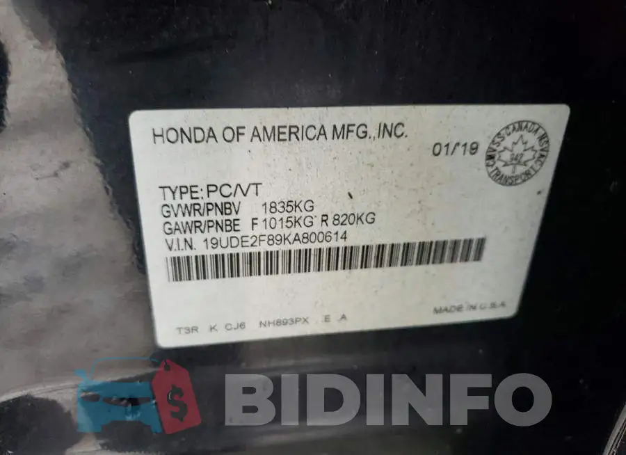 19UDE2F89KA800614 Photo# 12