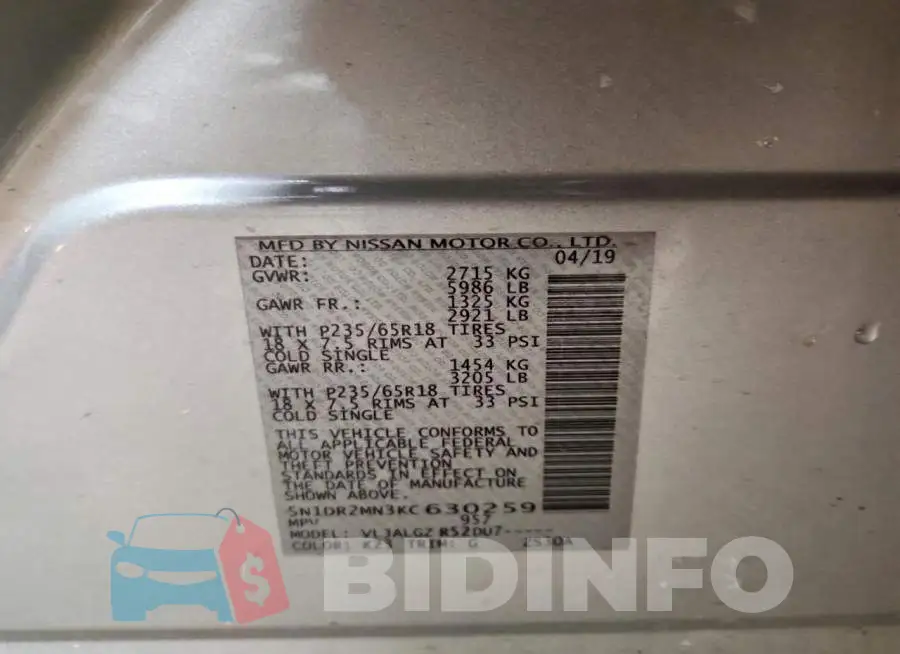 5N1DR2MN3KC630259 Photo# 13