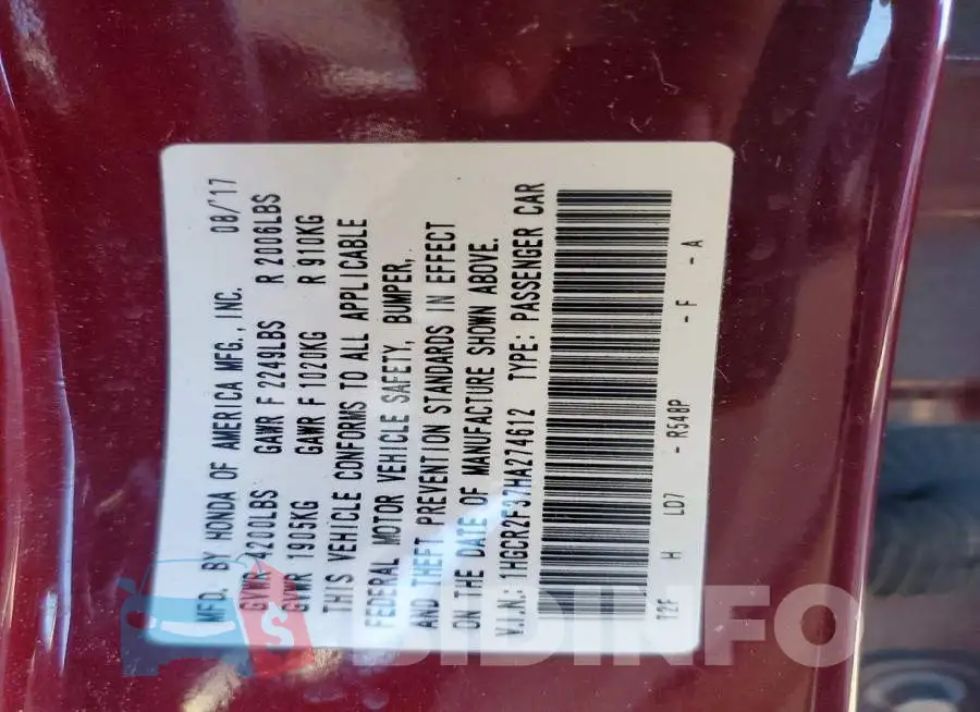 1HGCR2F37HA274612 Photo# 12