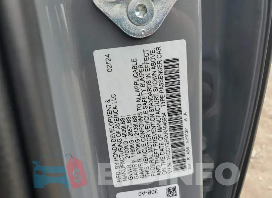 1HGCY2F6XRA045954 Photo# 12