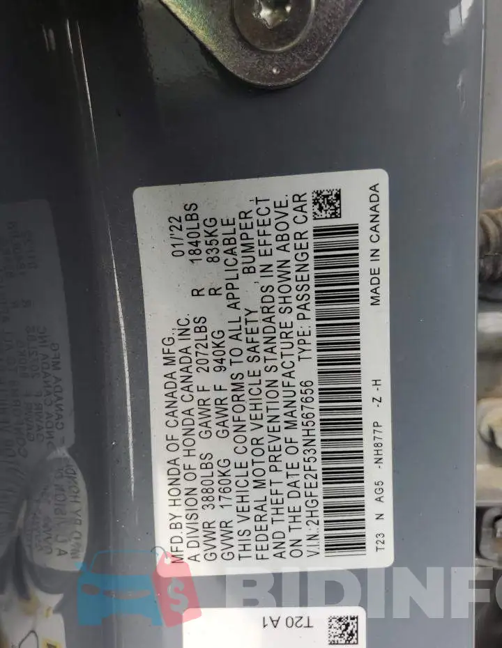 2HGFE2F53NH567656 Photo# 12