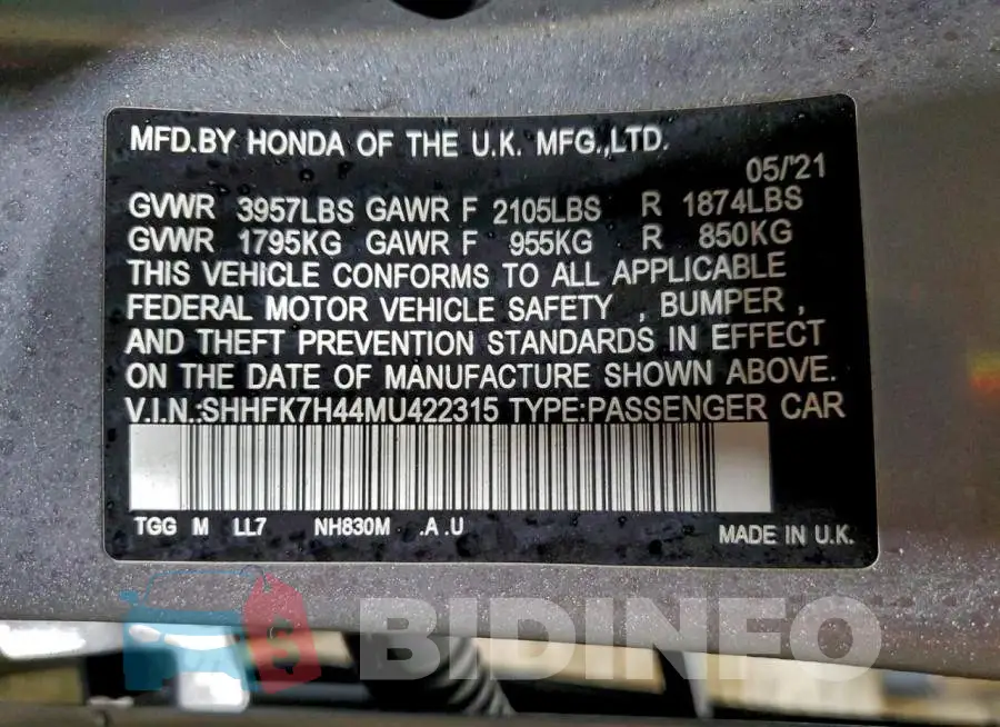 SHHFK7H44MU422315 Photo# 12