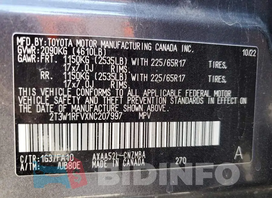 2T3W1RFVXNC207997 Photo# 13