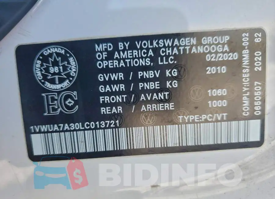 1VWUA7A30LC013721 Photo# 12
