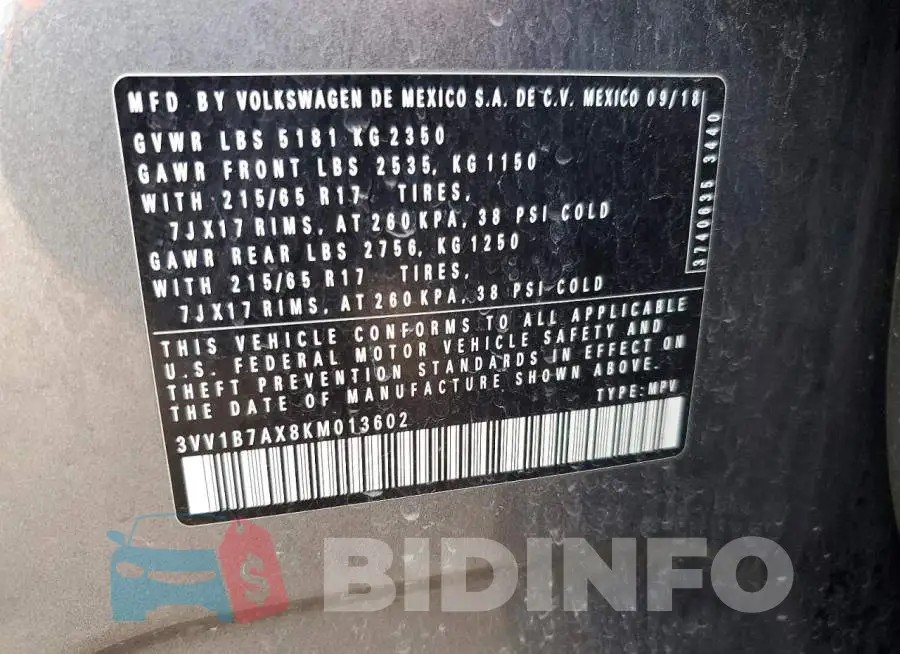 3VV1B7AX8KM013602 Photo# 14