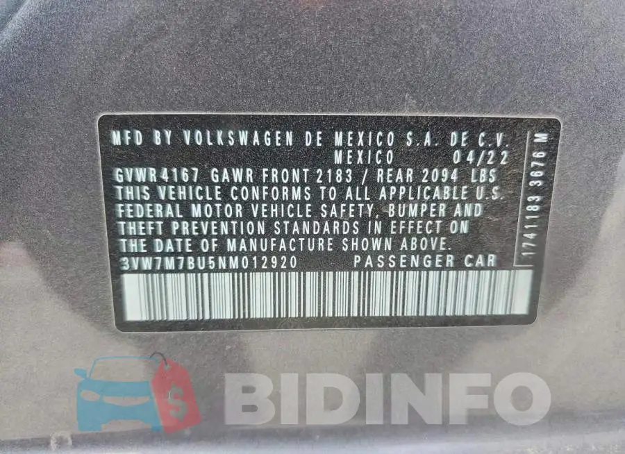 3VW7M7BU5NM012920 Photo# 12