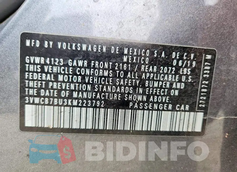 3VWCB7BU3KM223792 Photo# 12